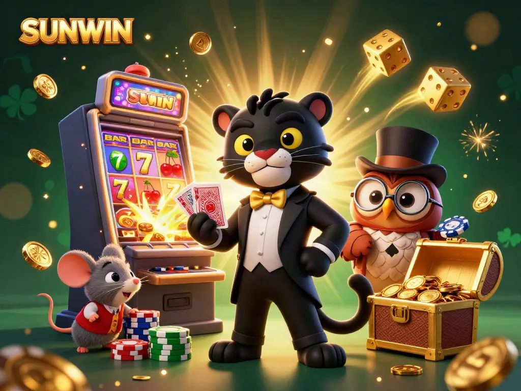 SUNWIN brings excitement with a stylish panther, owl, and mouse in a vibrant casino scene.
