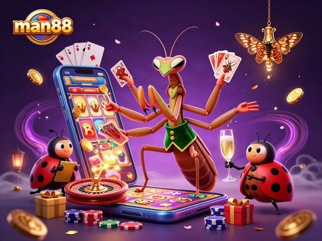 Engage with man88's vibrant casino atmosphere featuring a 3D mantis card sharp and ladybug pit boss.