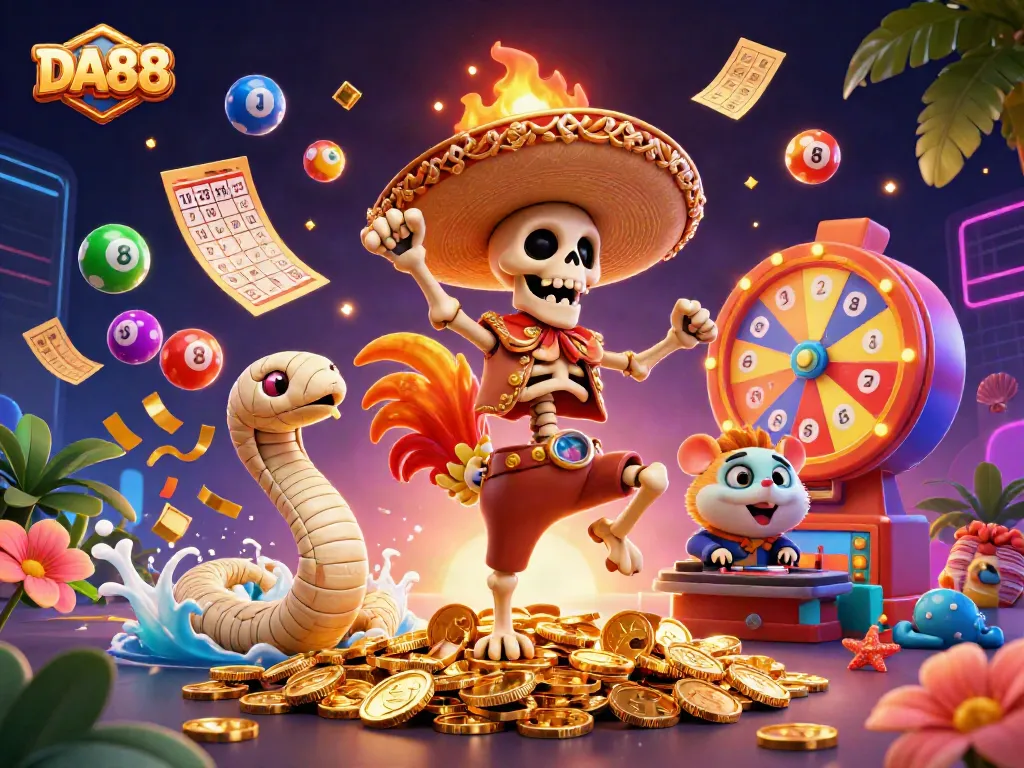 Win big with DA88's vibrant casino fun featuring lively characters in a dynamic gaming scene.