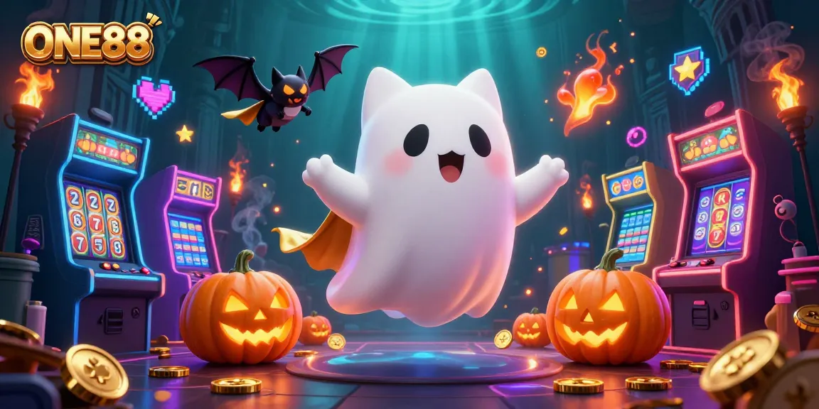 Join the excitement at ONE88 with a friendly ghost cat and vampire bat in a haunted casino scene.