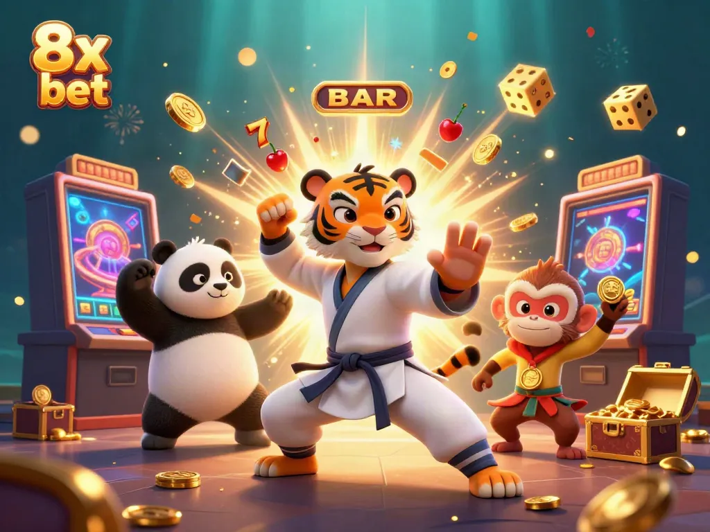 Win big with 8x bet as the kung fu tiger and friends celebrate a jackpot moment!