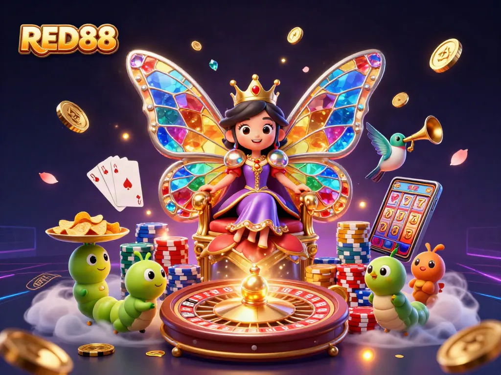 Experience the exciting allure of RED88 with animated casino elements and colorful characters.