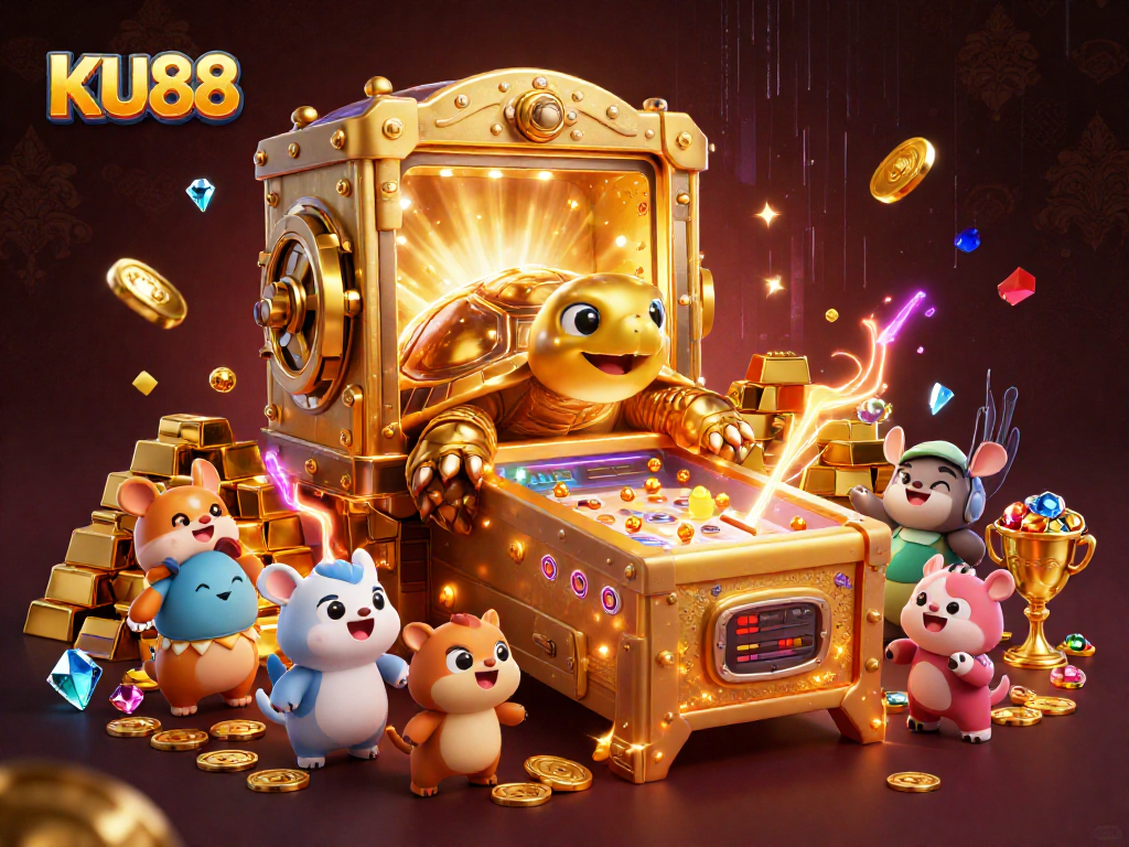 Engaging KU88 illustration featuring a golden tortoise and treasure in a vibrant casino scene.