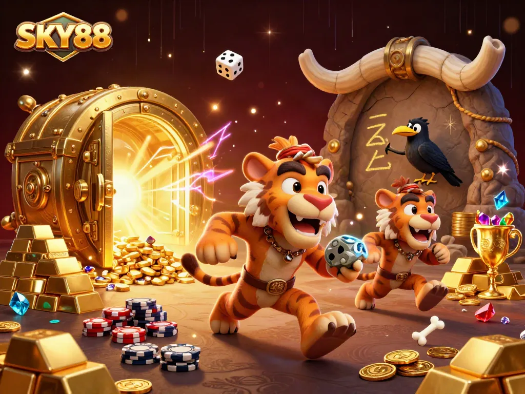 Experience thrilling wins at SKY88 in a dynamic prehistoric casino scene filled with treasures.