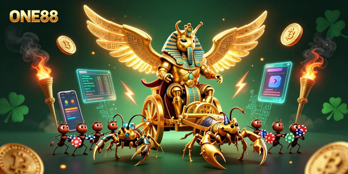 Engage with ONE88's thrilling casino world, featuring a golden scarab and crypto elements.
