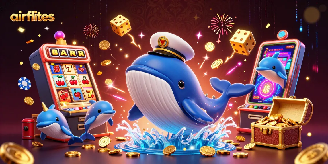 Win big with airflites as a giant cartoon whale navigates a treasure of gaming adventures.