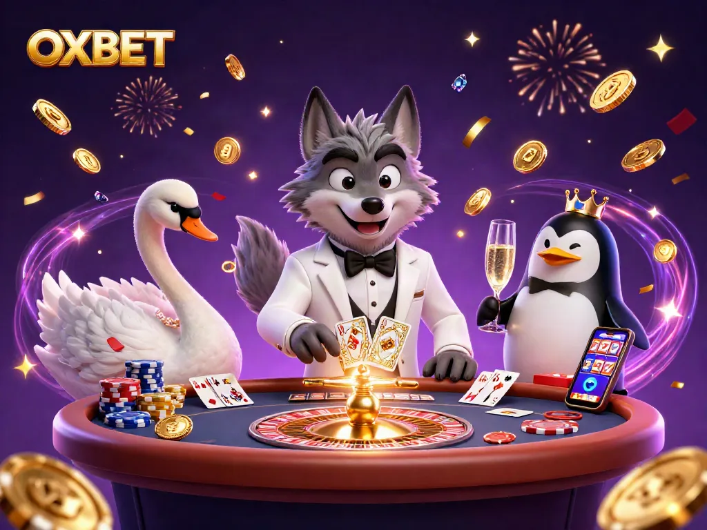 Experience the thrill of OXBET with a debonair wolf, elegant swan, and a penguin sommelier amid casino excitement.