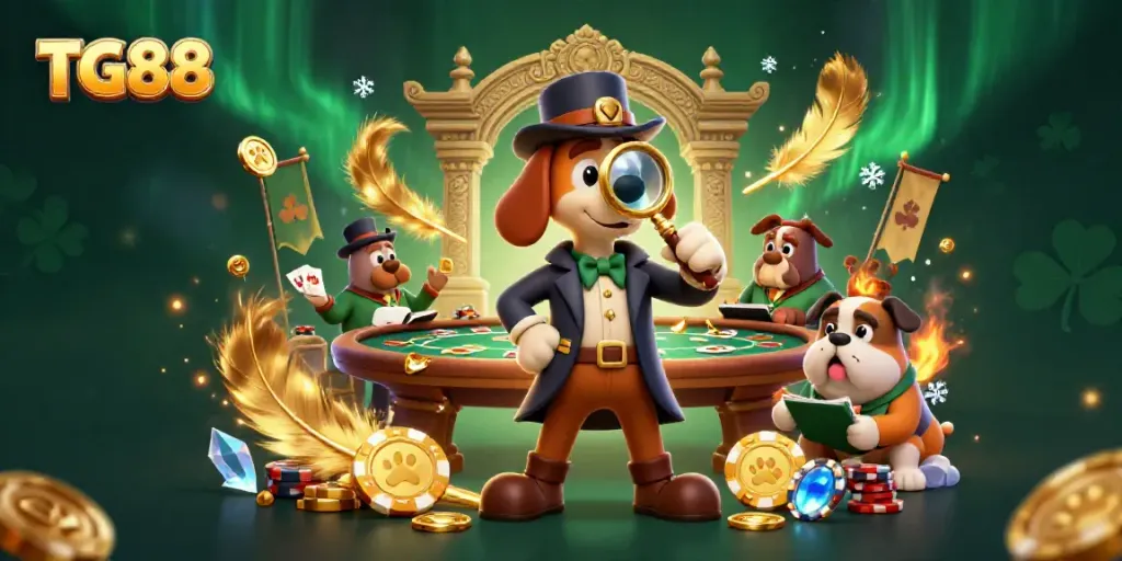 Observe TG88's detective duo uncovering poker clues amid a vibrant casino scene.