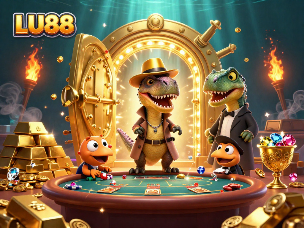 LU88 card counter velociraptor and pit boss in a vibrant casino scene, surrounded by treasure.