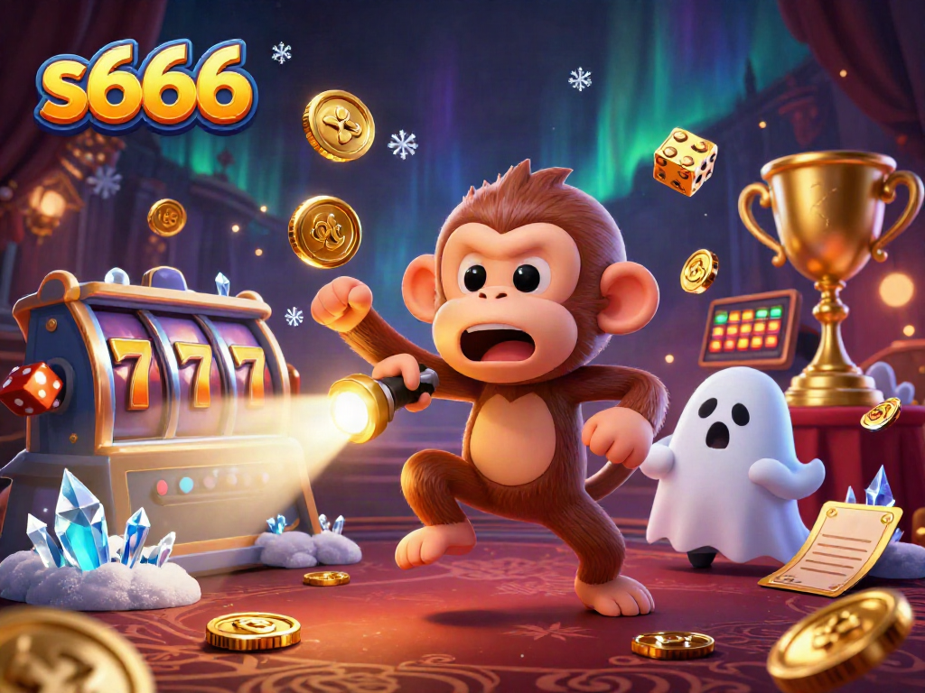 Experience the thrill of gaming with the s666 poltergeist monkey and ghost-hunter puppy in a vibrant haunted casino scene.