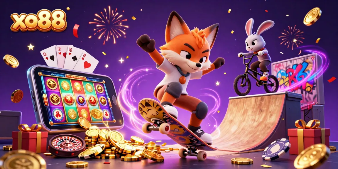 Experience the vibrant xo88 scene with a fox doing tricks and casino themes.