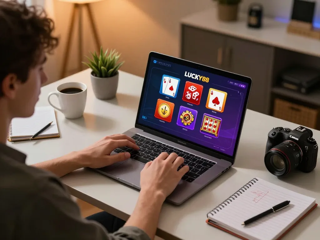 Person playing LUCKY88 online casino game, showcasing vibrant gaming setup with strategy notes.