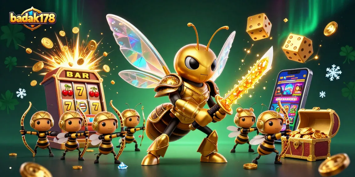 Engage with badak178 in this vibrant 3D casino world featuring dynamic slot machines and golden dice.