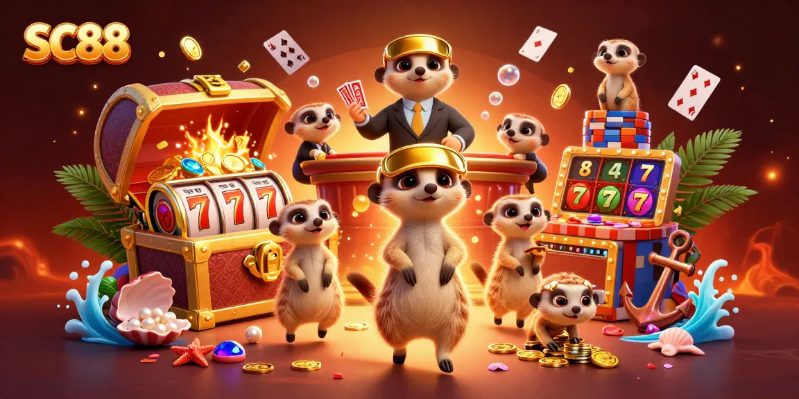 Engage with SC88's lively casino scene featuring meerkats managing the action among a treasure trove.