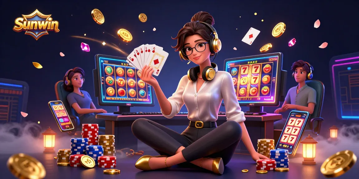 Win big at Sunwin with dynamic slot games and engaging casino imagery in this vibrant illustration.