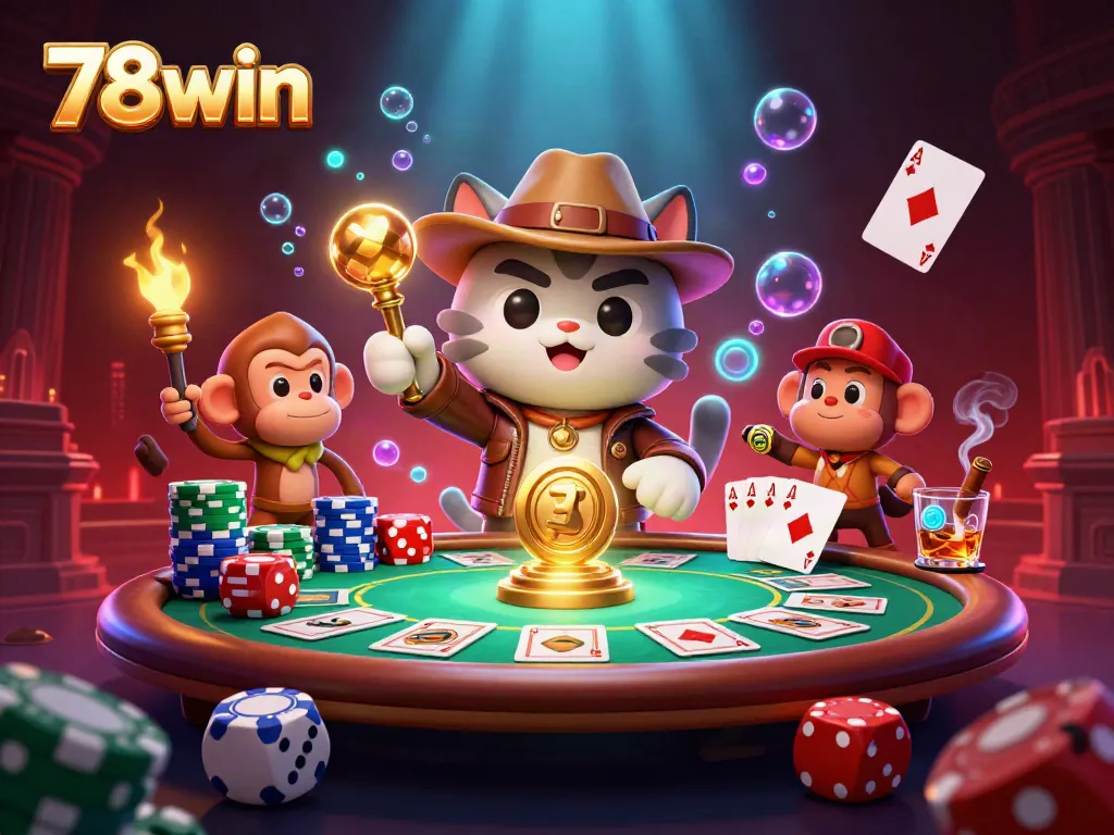 Experience thrilling gameplay at 78win with a vibrant scene of a cat archaeologist and a monkey discovering prize casino artifacts.