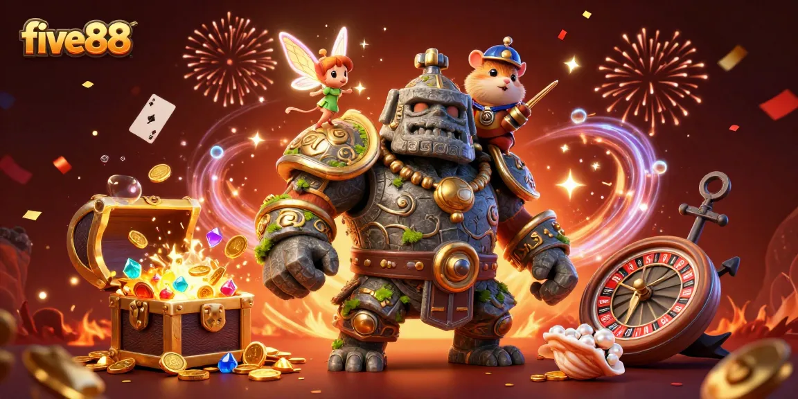 five88 offers thrilling gameplay with a golem guardian and magical fairy in a fantasy casino adventure.