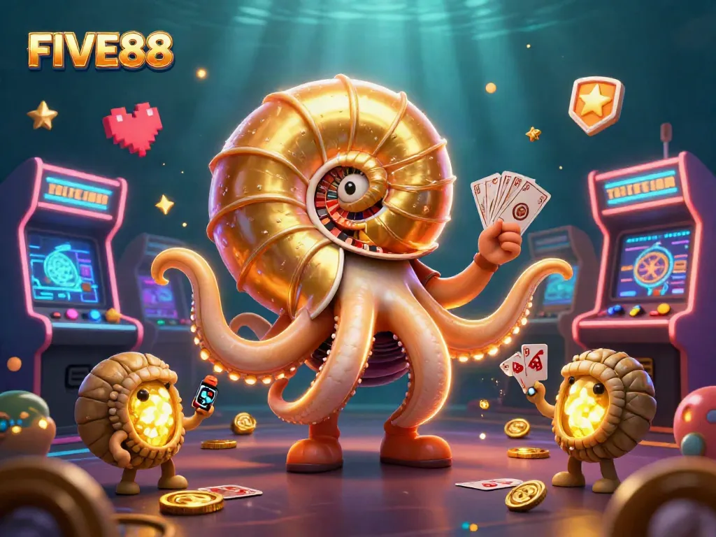 Engage with the dynamic world of FIVE88, featuring a giant nautilus roulette wheel surrounded by vibrant gaming elements.