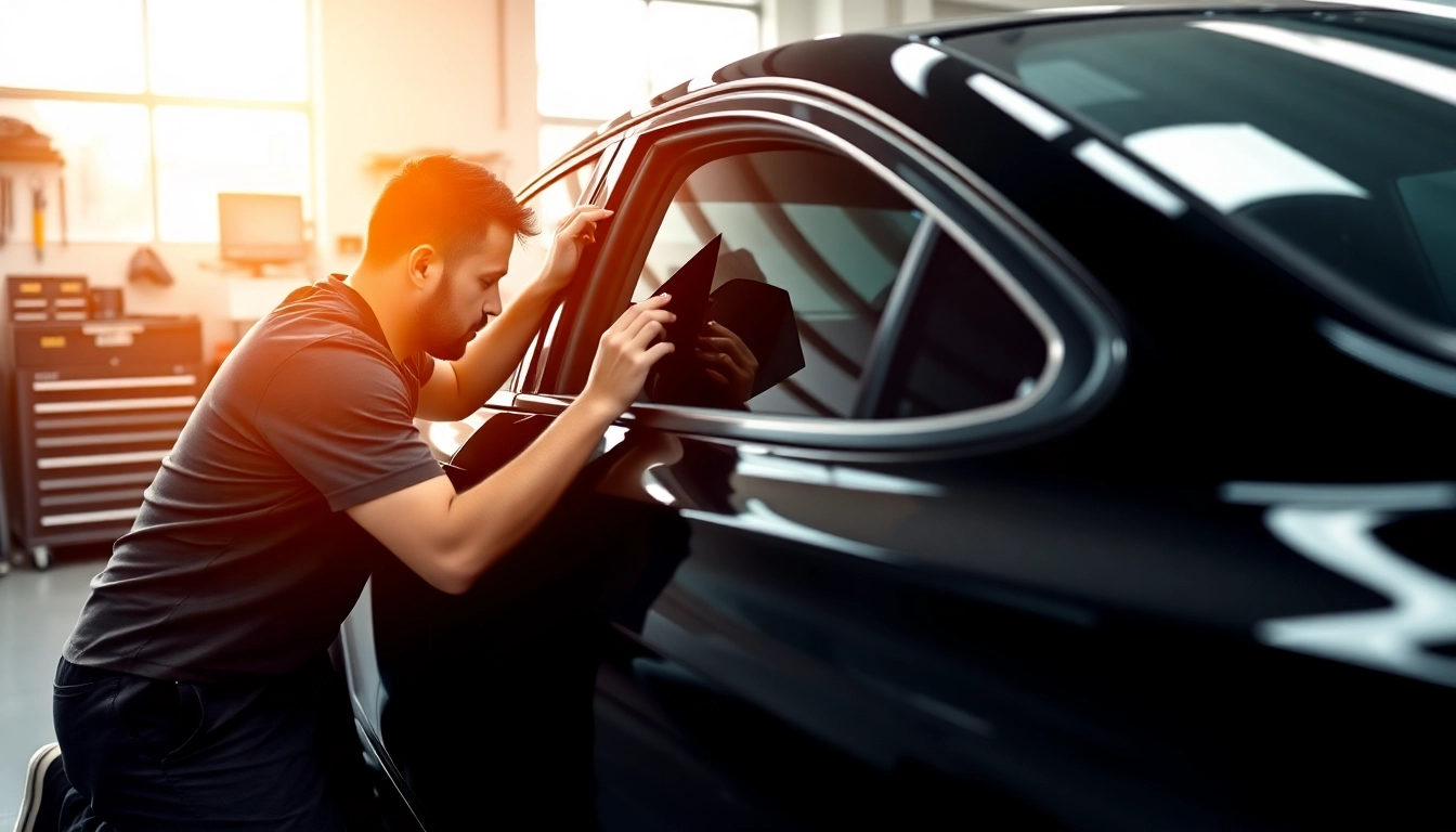 Install auto window tint near me with precision shown by a skilled technician.