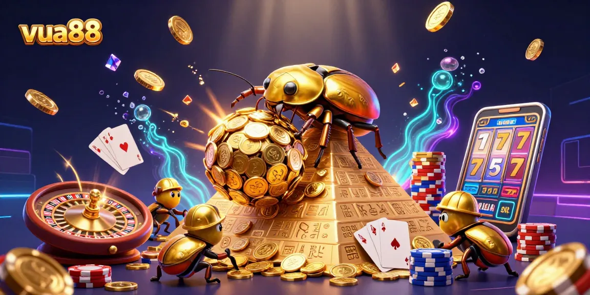 Experience explosive wins at vua88 with our 3D illustration of a golden dung beetle rolling coins up a casino pyramid!