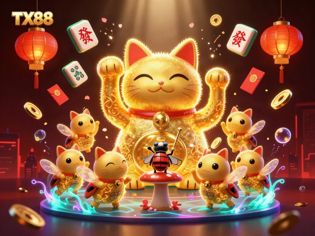 Experience the excitement of TX88 with vibrant casino symbols and a dynamic lucky cat illustration.