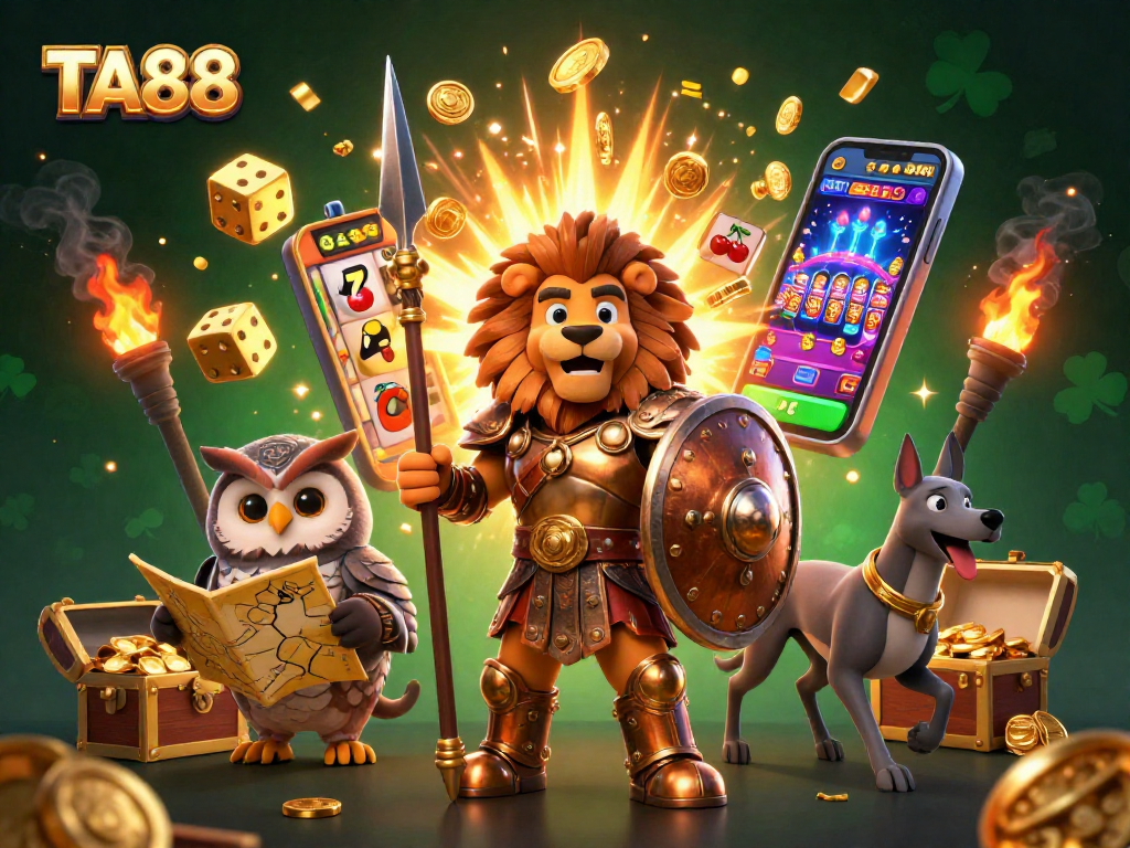 TA88 showcases an epic jackpot scene with a Spartan lion and casino elements bursting with winning potential.