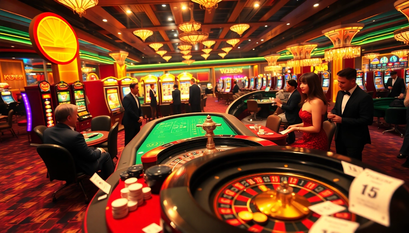 Experience the excitement of ku88 casino gaming with players enjoying roulette and poker at a vibrant gaming floor.