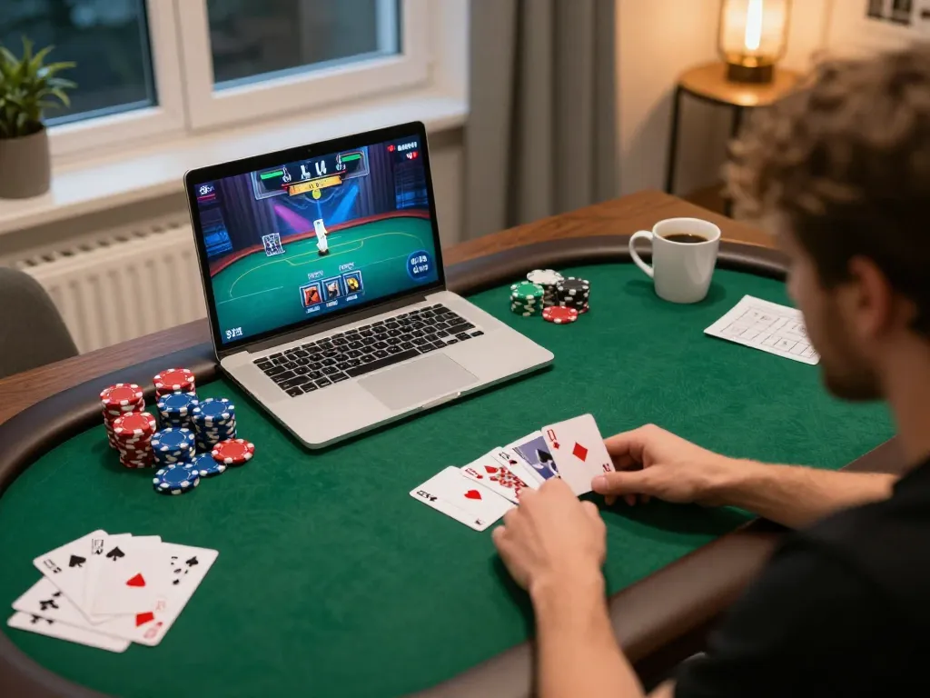 Bet 88 players engaging in a poker game on a laptop at home, showcasing strategic gameplay.