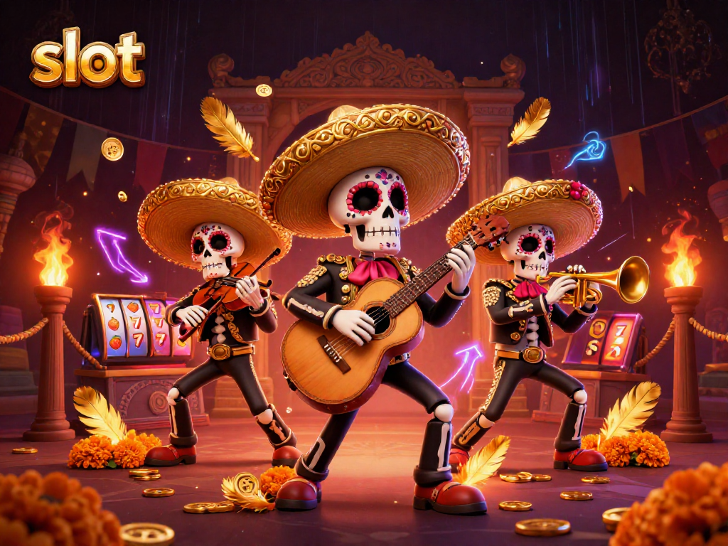 Experience thrilling slot action in this vibrant 3D illustration featuring Dia de los Muertos mariachi characters.