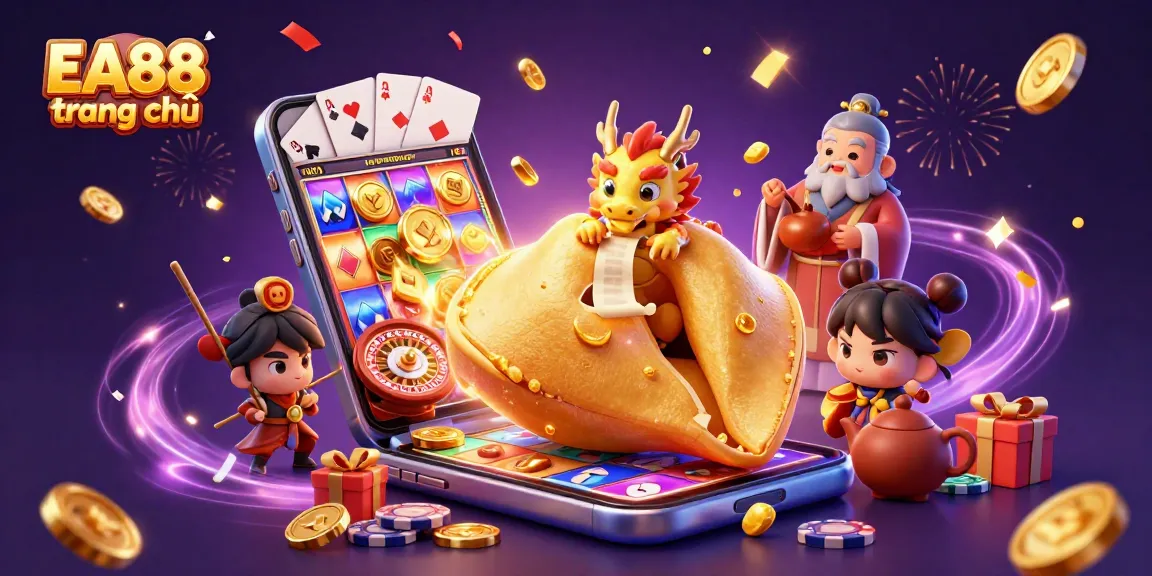 Experience thrilling wins at EA88 trang chủ with a vibrant 3D casino illustration of fortune cookies and golden treasures.