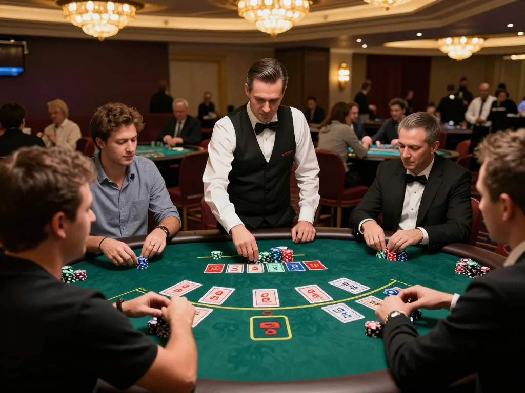 Players engage in an intense game of blackjack at a luxury casino, showcasing scap strategies for winning.