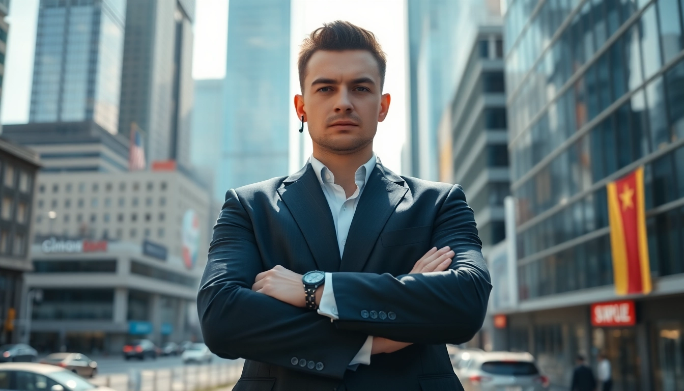 Confident personal security guard standing in an urban environment, exuding professionalism and vigilance.