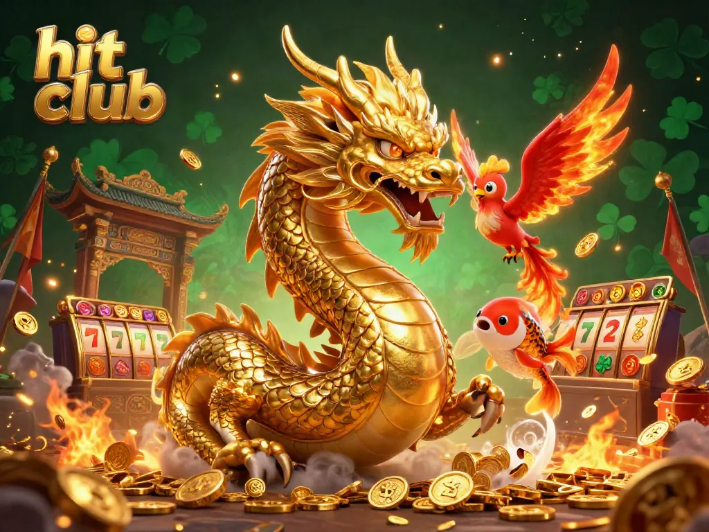 Experience the excitement at hit club with golden dragon and phoenix amidst coins and slot reels.