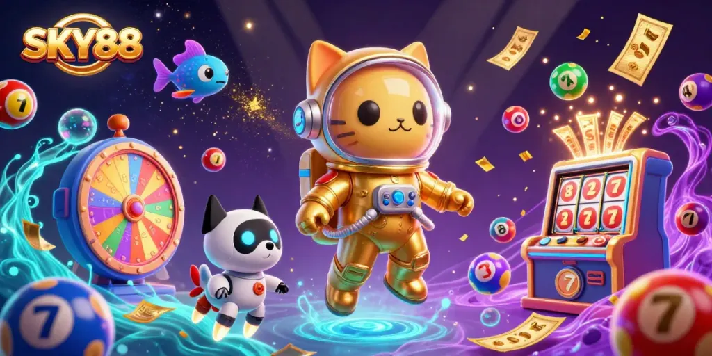 Engage in thrilling slots at SKY88 with a playful astronaut cat, robot dog, and vibrant lottery elements.