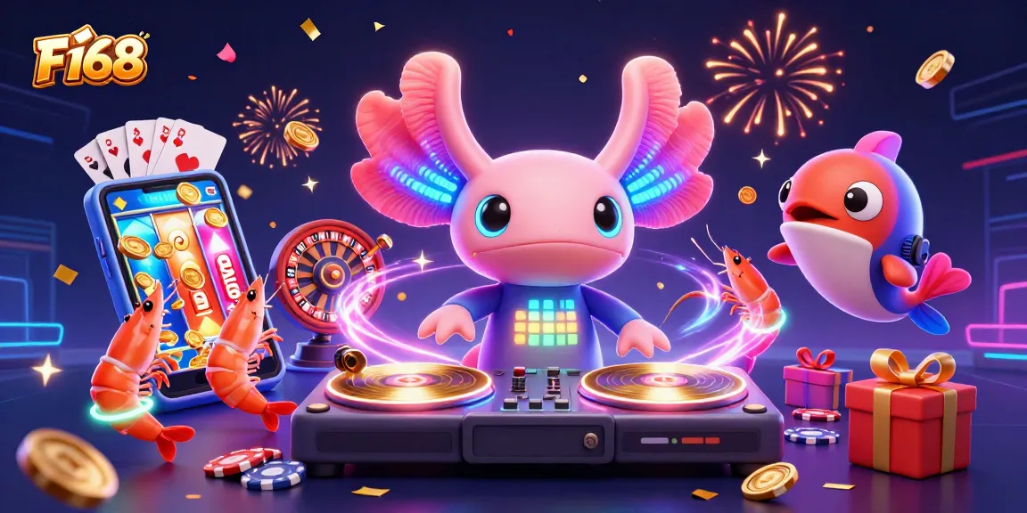 F168 casino scene with a vibrant axolotl DJ and colorful slot games, showcasing fun gameplay.