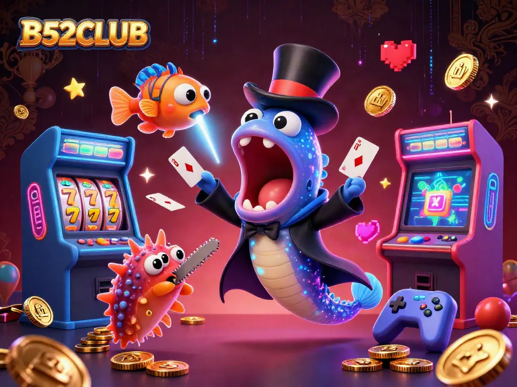 B52CLUB showcases a deep-sea eel magician performing card tricks amid vibrant casino elements.