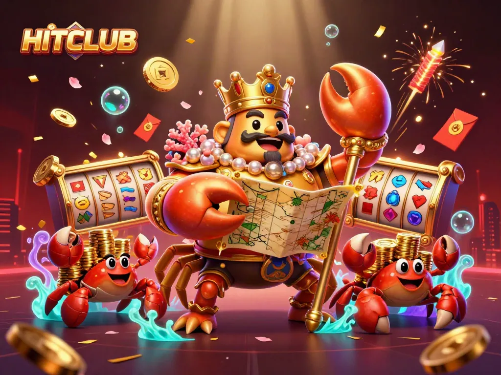 HITCLUB offers an exhilarating gaming experience with golden crab emperor, vibrant slot reels, and festive elements.