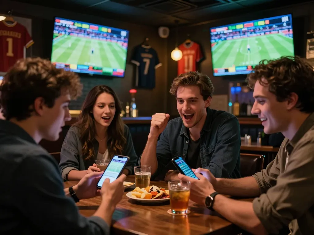 Engaging friends cheering and placing bets with Link vào Tic88 in lively sports betting environment.