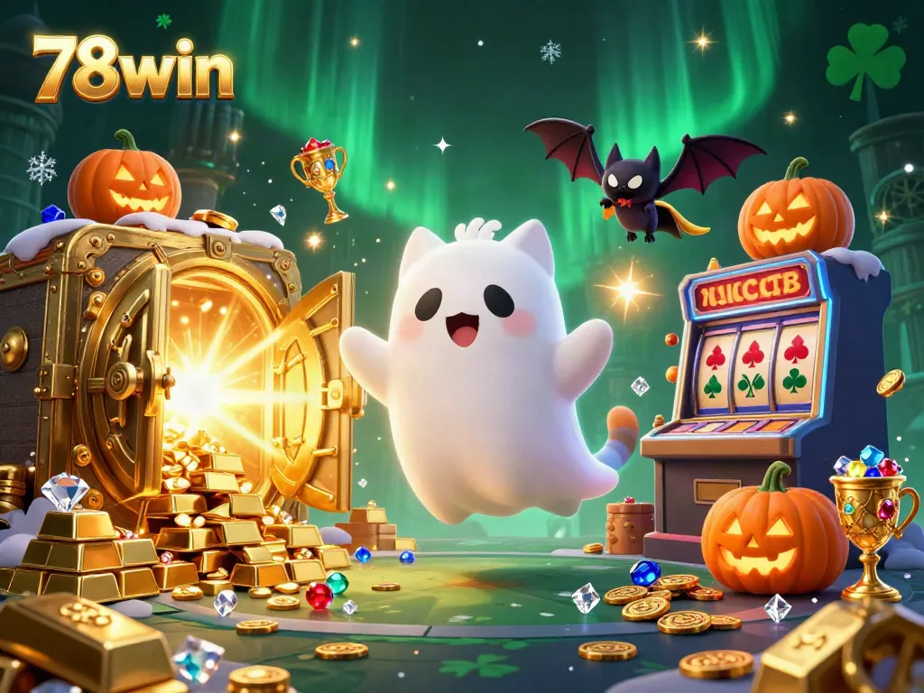Experience thrilling gameplay at 78win with our engaging ghost cat and vampire bat characters amidst dazzling casino elements.