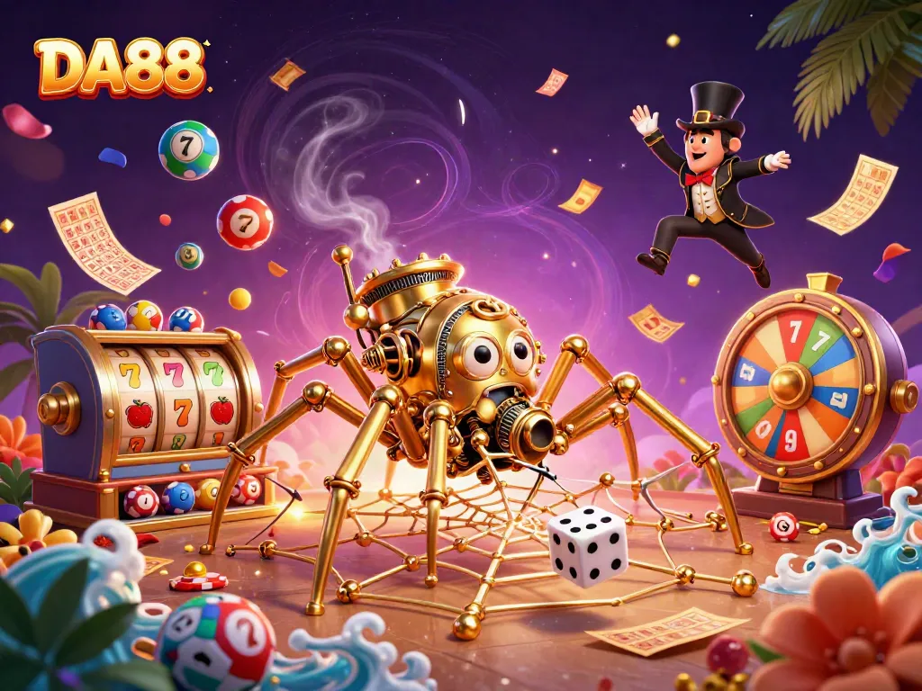 Engage with the thrilling DA88 casino experience featuring a golden spider web and dynamic game elements.
