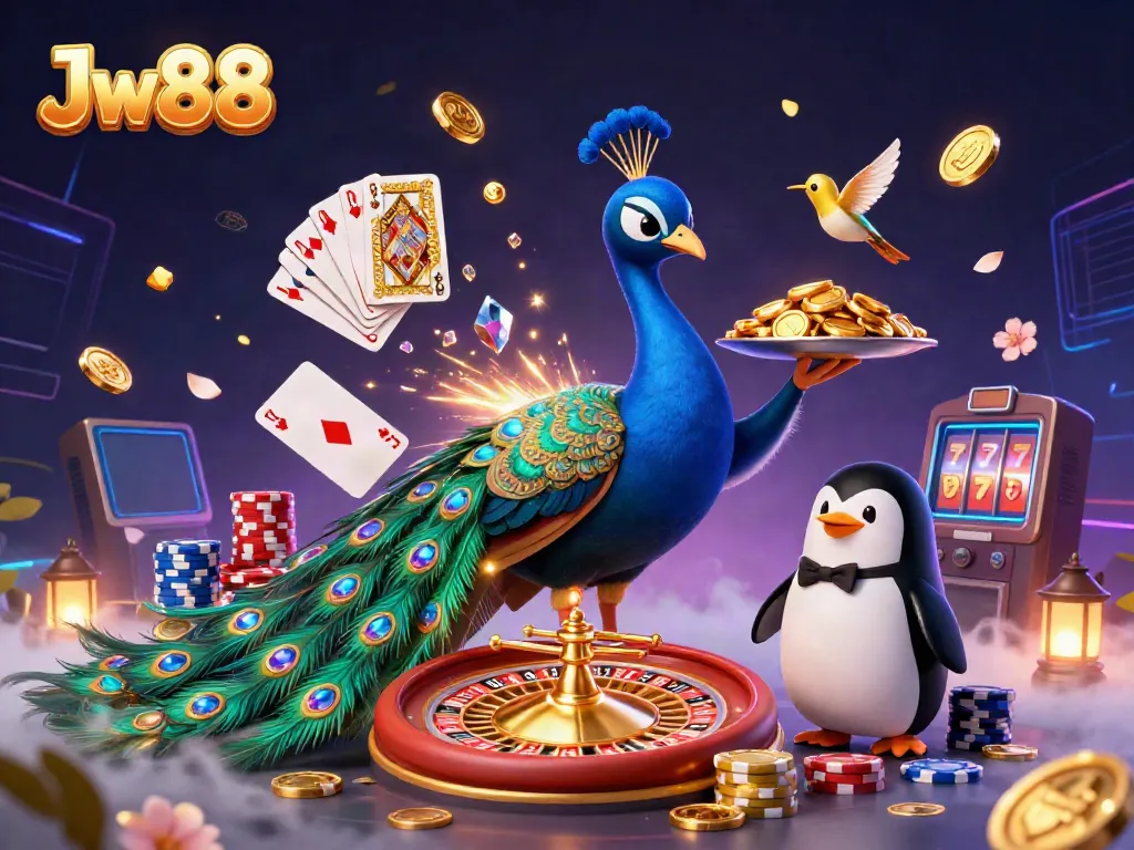 Experience the thrill of Jw88 with a lively 3D casino illustration featuring vibrant characters and gaming elements.
