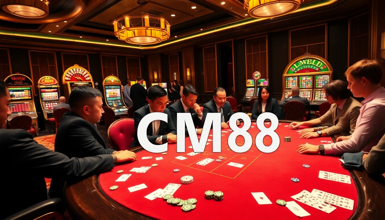 CM88 poker table action with vibrant chips and cards in an upscale casino setting