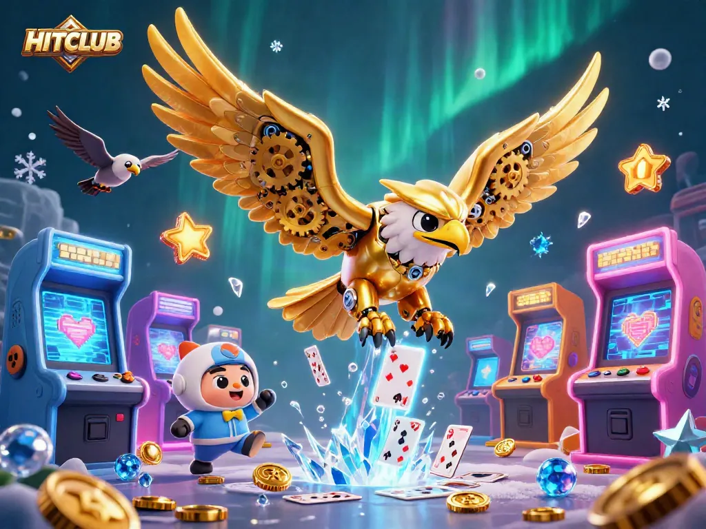 Experience HITCLUB's thrilling gameplay with a cybernetic eagle soaring through holographic cards.