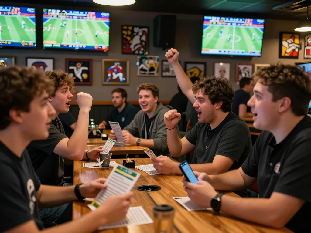 Excited fans at sports bar using one88 app for betting and analyzing live games