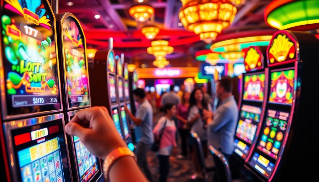 Menang besar di mesin slot gacor yang berkilau dengan banyak warna di kasino.