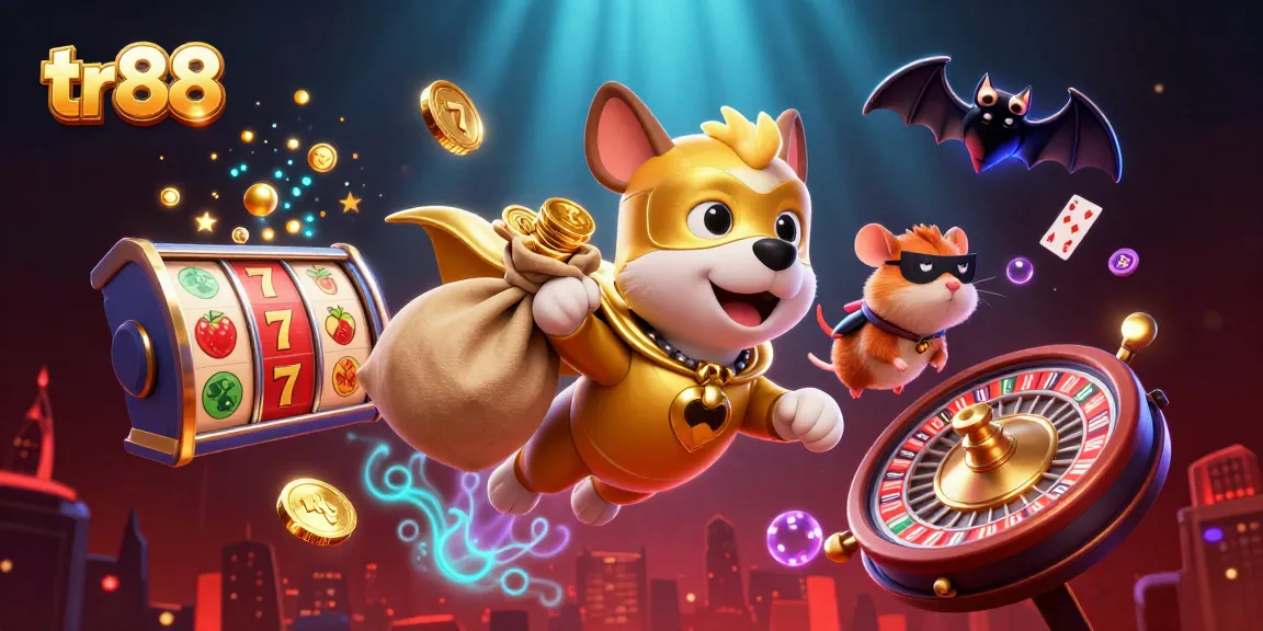 tr88 gaming scene featuring a superhero dog and hamster soaring amidst slots, roulette, and glimmering gold.