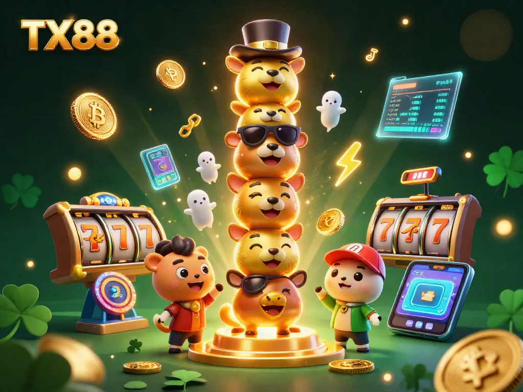 Celebrate the thrill at TX88, illustrated with colorful 3D characters and vibrant casino elements.