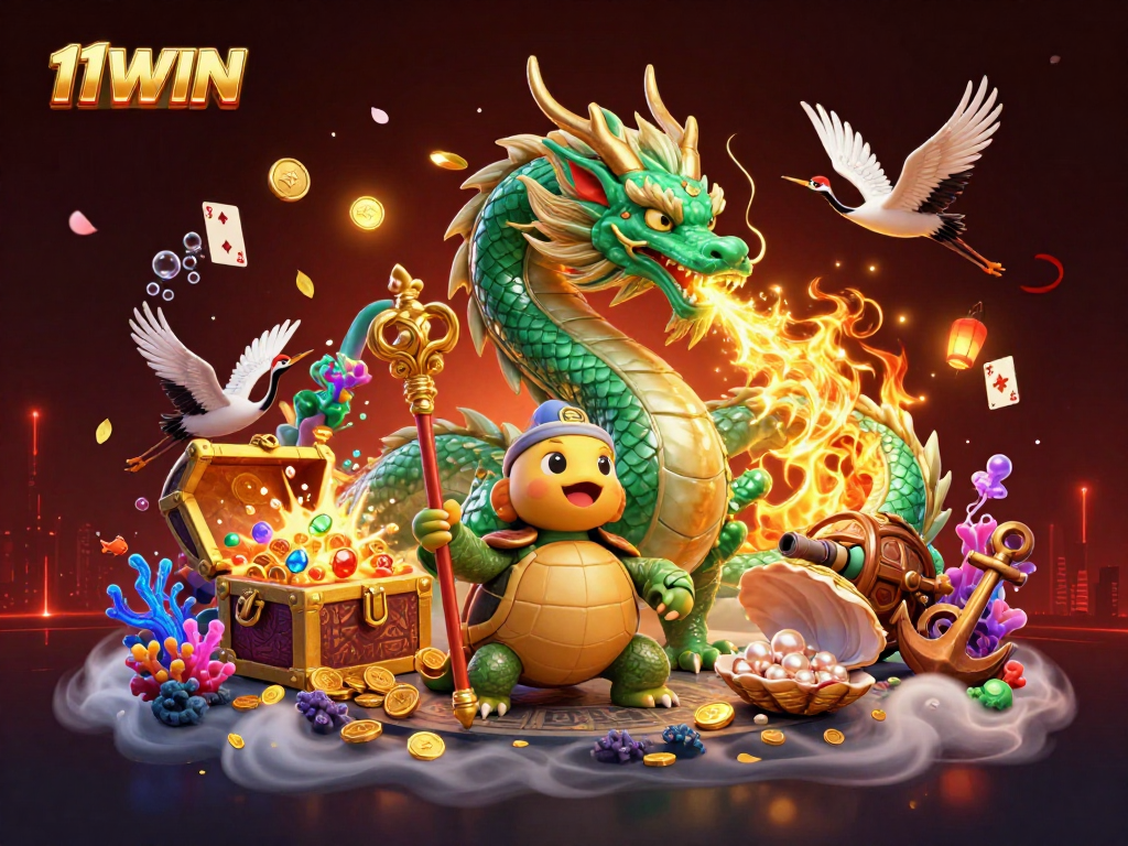 Join the excitement at 11WIN with vibrant dragons and dynamic casino elements in this colorful illustration.