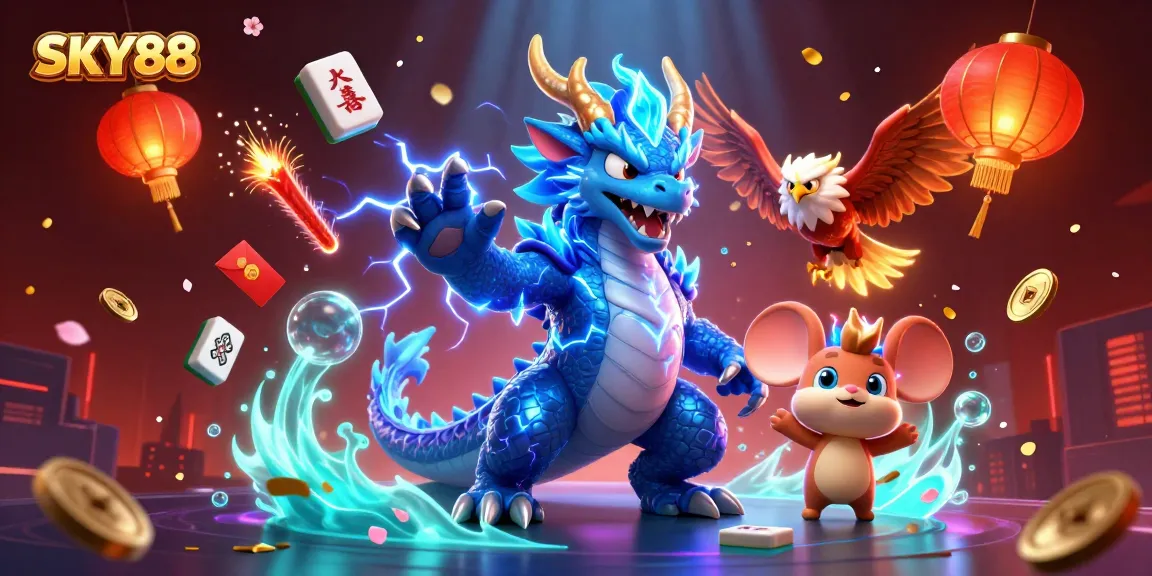 Experience thrilling gaming at SKY88 with dynamic characters and vibrant casino-themed elements.