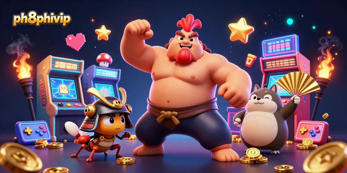 Spin and win with ph8phivip—sumo rooster and samurai cricket in a vibrant casino setting!